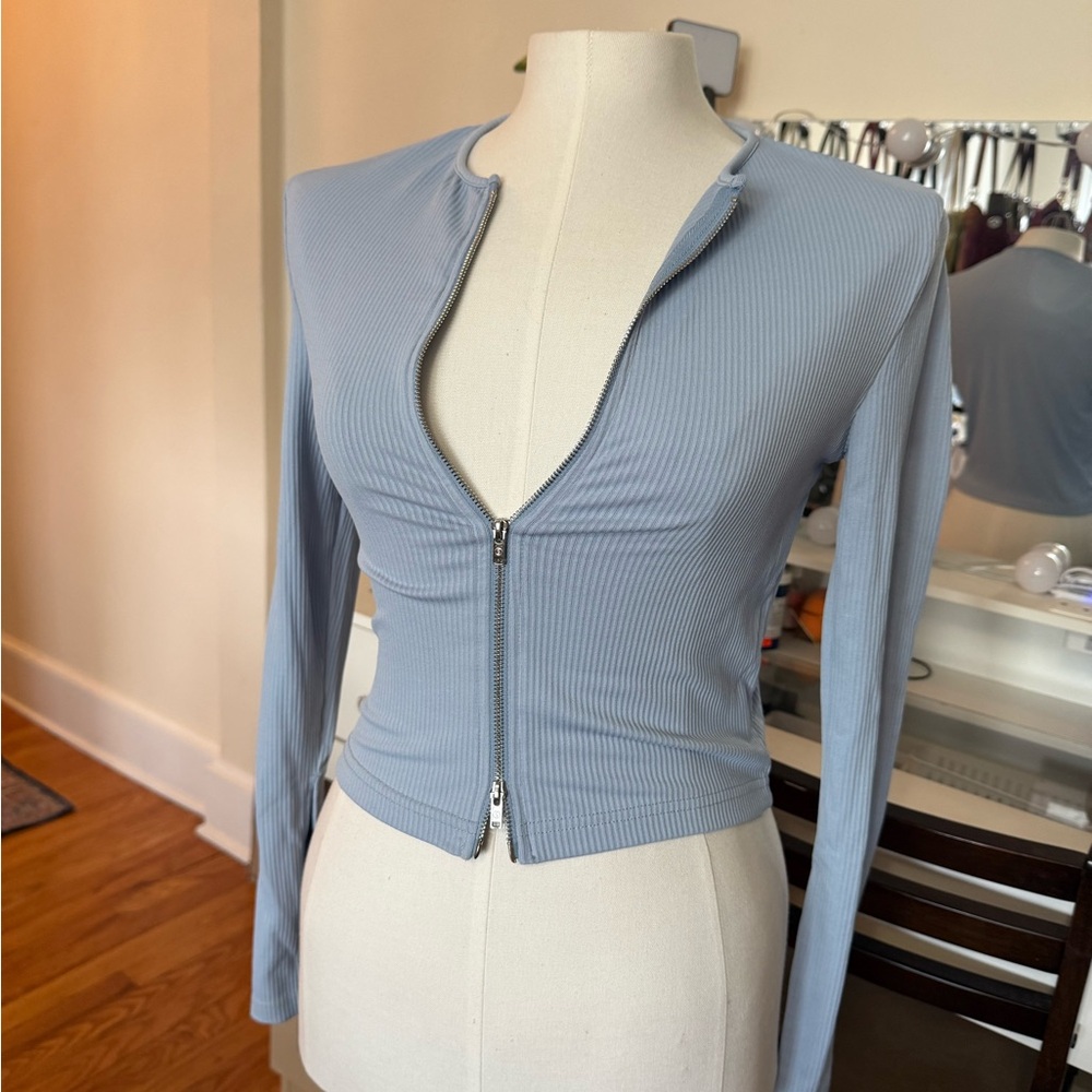 Women's Light Blue Double Zip-Up Ribbed Top